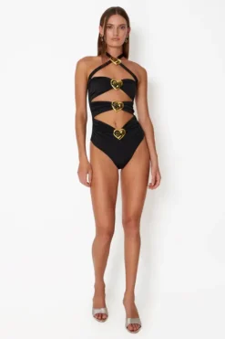 Diamond Heart Cut Out Swimsuit Black