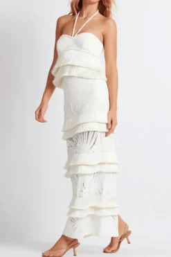 Fringe Trim Lace Maxi Skirt Ivory
