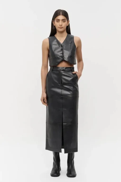 Willa Vegan Leather Midi Skirt Black